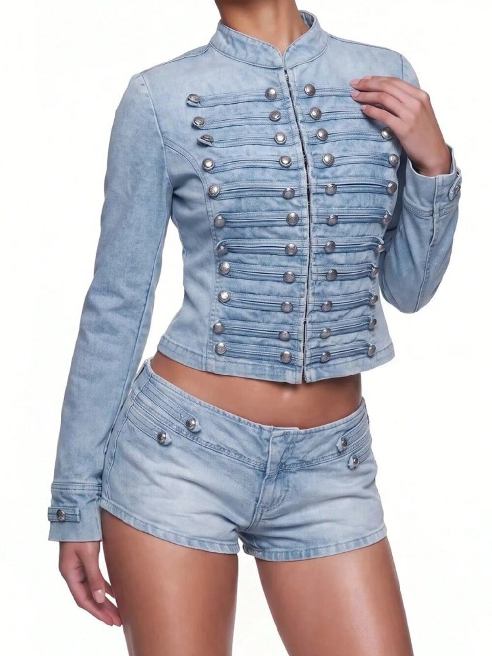 Blue Cute Women's Studded Decor Casual Long Sleeve Jacket - Picture 5 of 6